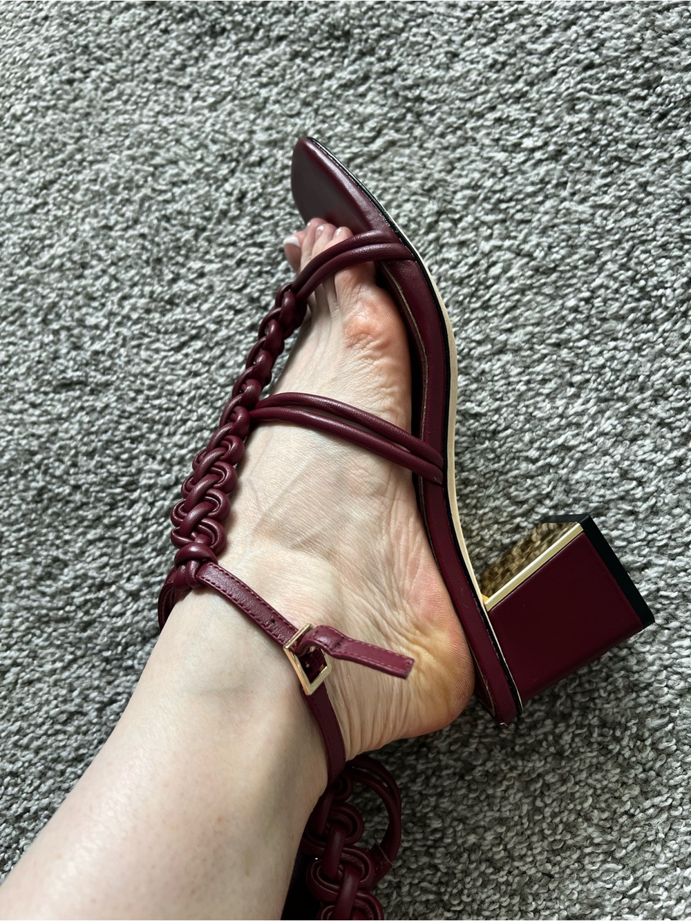 Braided Strap Block Heel Sandal — Burgundy